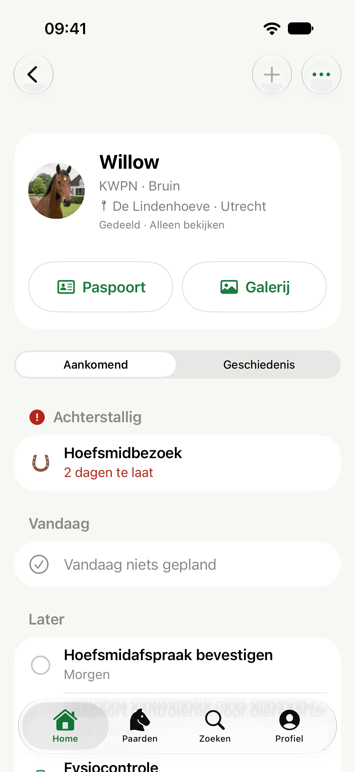 Alleen-lezen weergave van een gedeeld paard voor een verzorger in StableNote