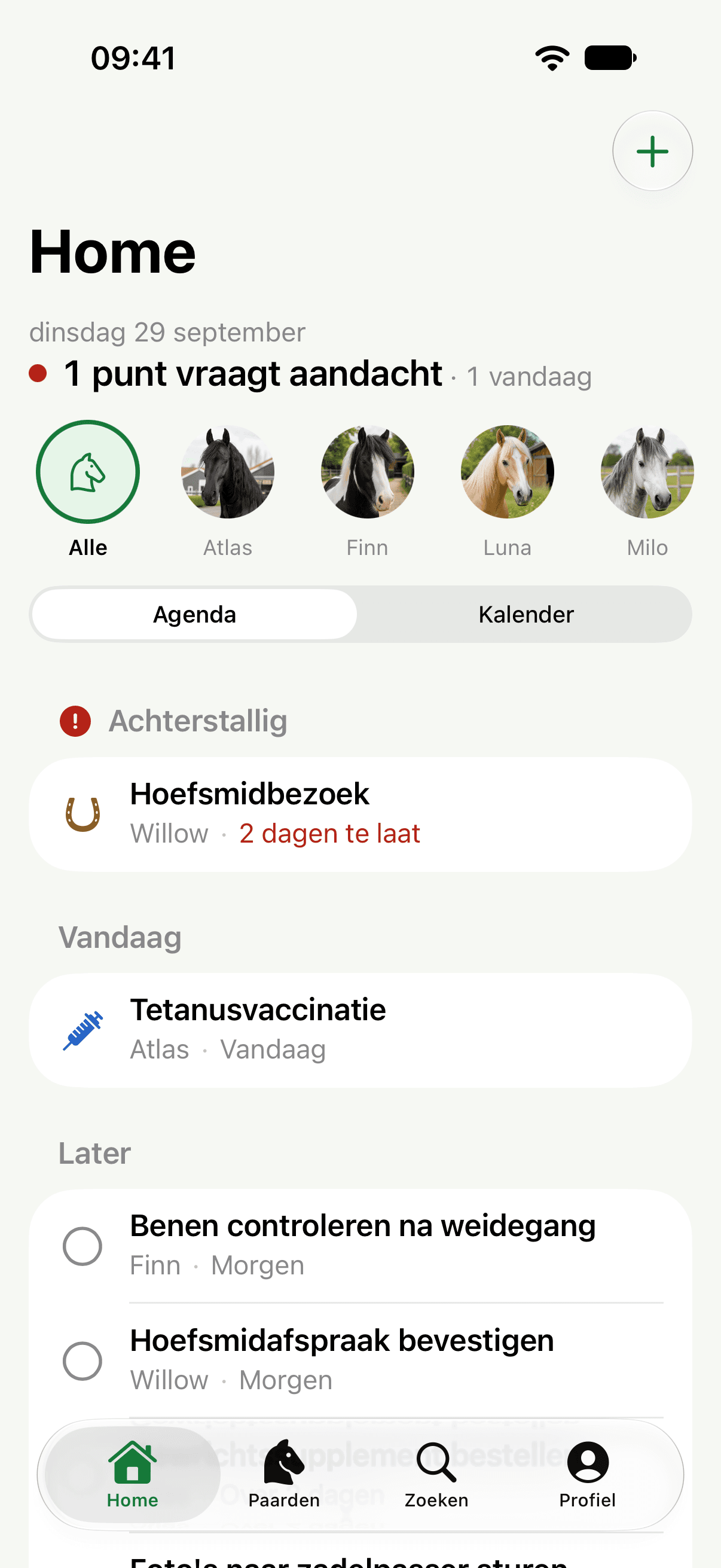 StableNote-dashboard met achterstallige zorg, werk van vandaag, plannen en todo's