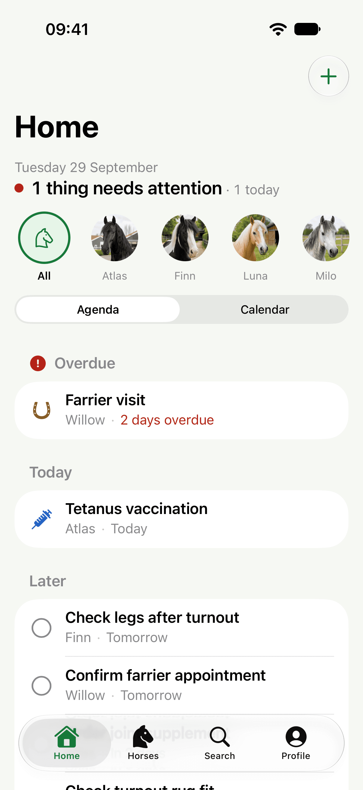 StableNote dashboard showing overdue care, today's work, plans, and Todos