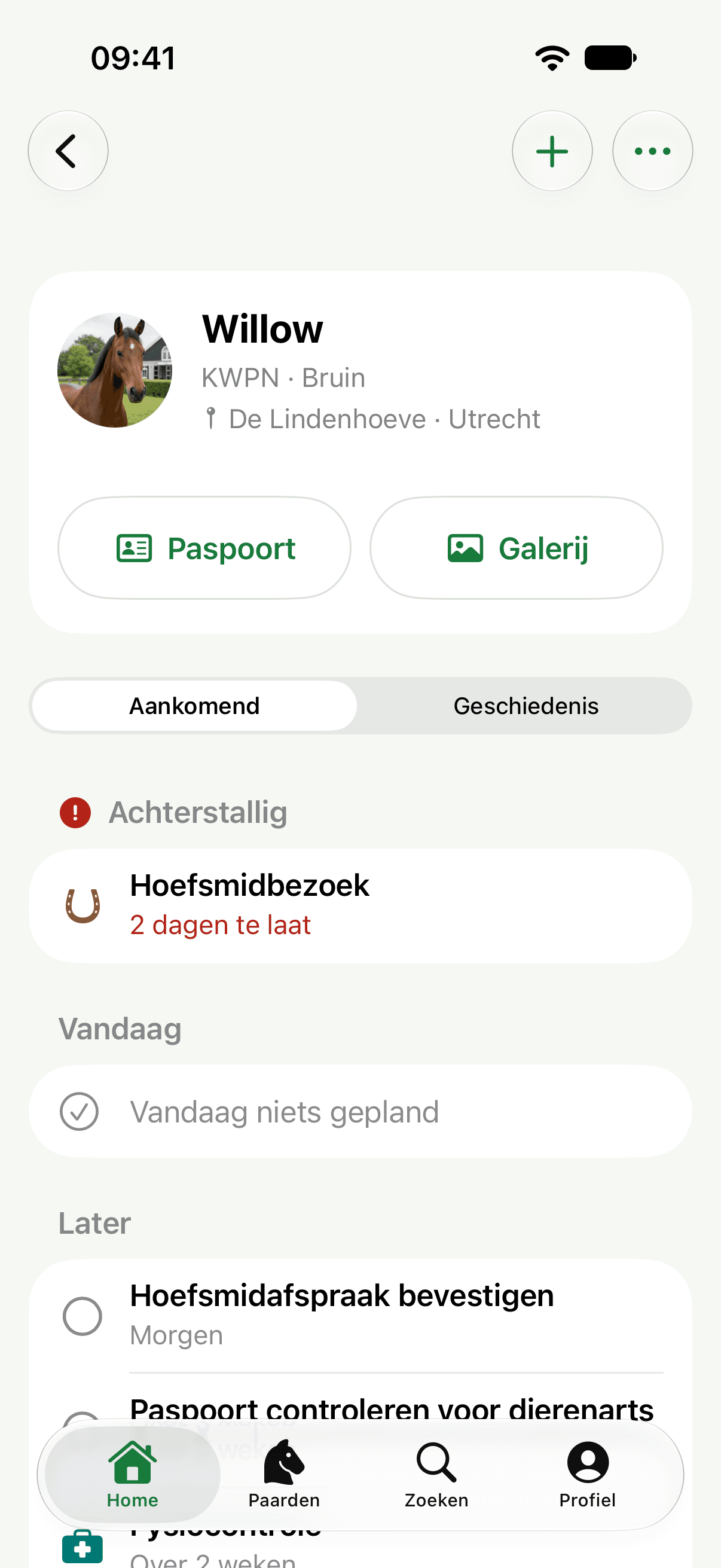 Willows StableNote-profiel met haar komende zorg en haar zorggeschiedenis