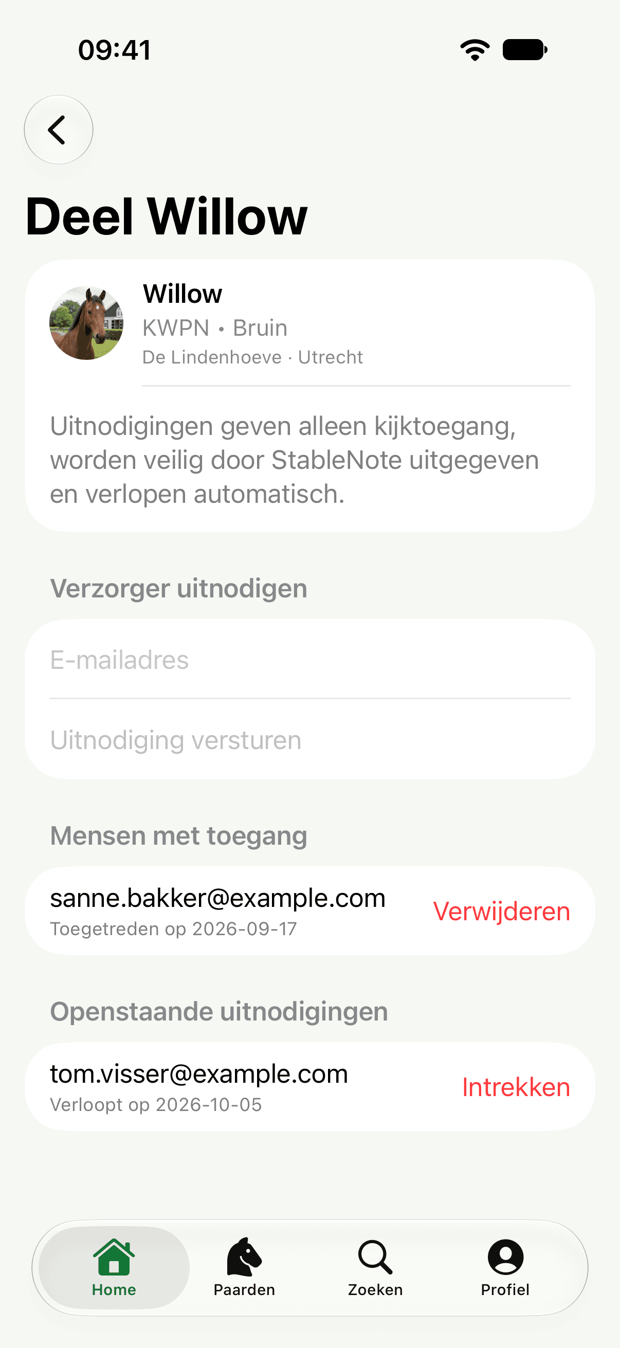 Deelscherm in StableNote met een uitnodiging voor een verzorger en wie toegang heeft
