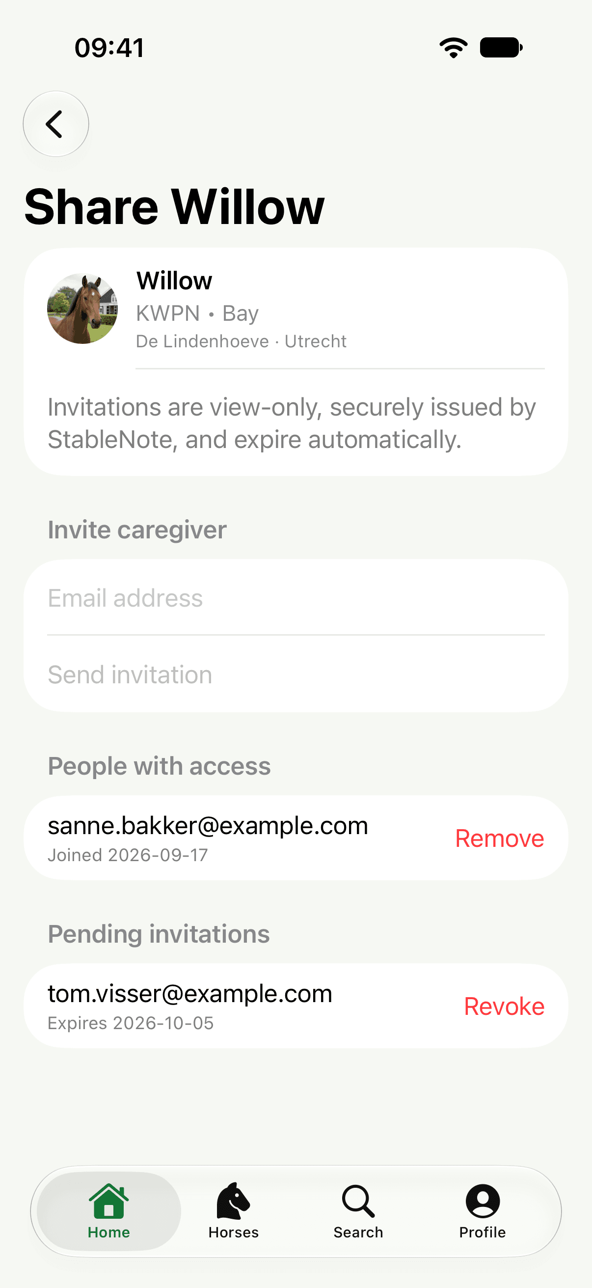 StableNote sharing screen with a caregiver invitation and the people who have access