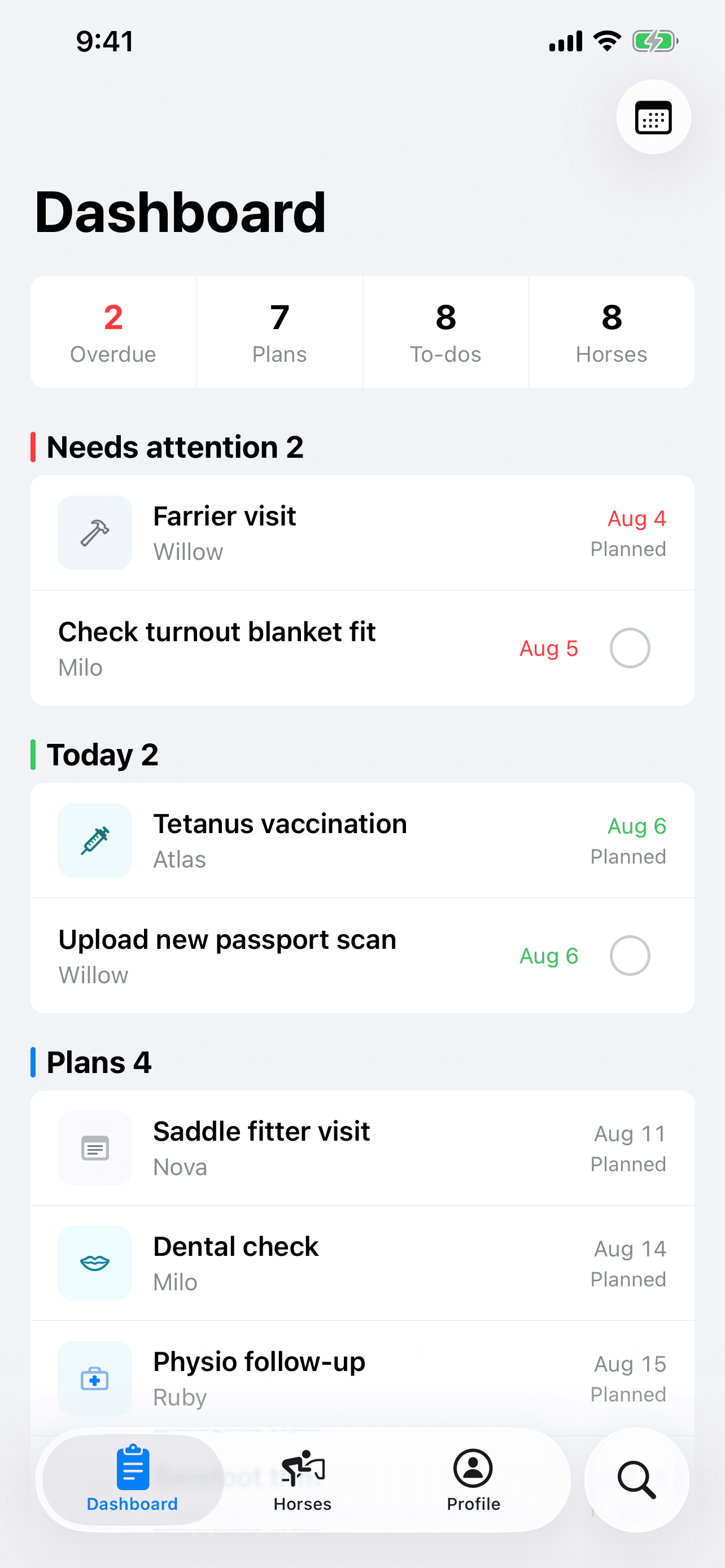 StableNote dashboard showing overdue care, today's work, plans, and tasks