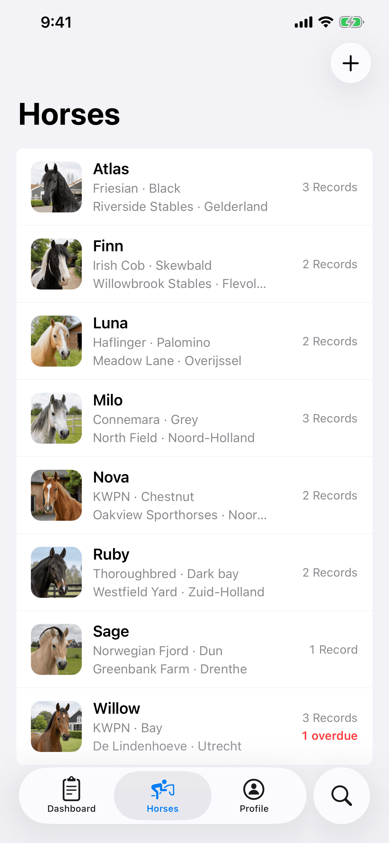 StableNote horse list with eight horse profiles and individual profile photos
